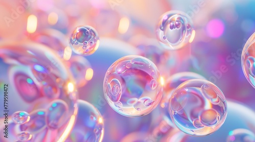 Abstract holographic blobs of liquid, soap bubbles, and metaballs rendered in 3D.