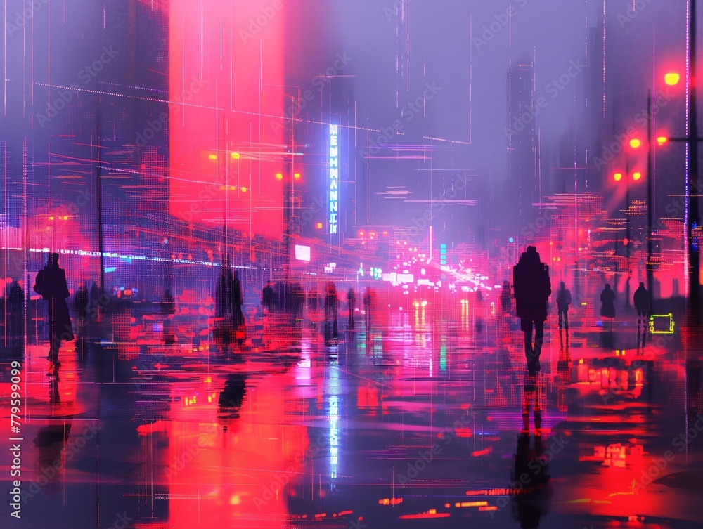 A city street with neon lights and people walking in the rain. Scene is dark and mysterious