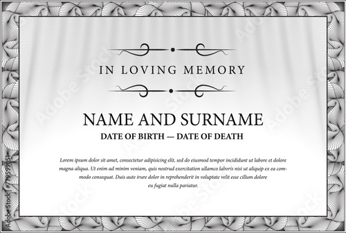 Funeral card. In loving memory of those who are forever in our hearts. Elegant design. Vector illustration. photo