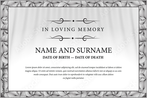 Funeral card. In loving memory of those who are forever in our hearts. Elegant design. Vector illustration.