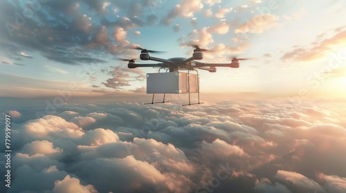 Autonomous Drone Delivering Package Above Clouds at Sunset photo