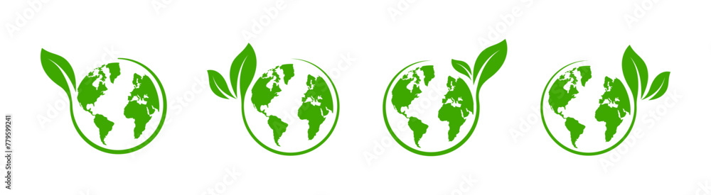Ecology Planet and Leaf . Green earth planet icon, world ecology, nature eco environment. Globe with leafs. Earth Nature Care. 