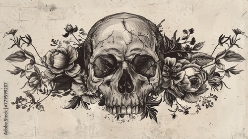 Skull adorned with floral accents in a vintage illustration, perfect for prints, tattoos, and artistic posters photo