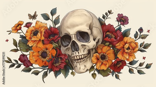 Skull entwined with Day of The Dead flowers, a vintage illustration blending tradition with art for tattoos and postcards