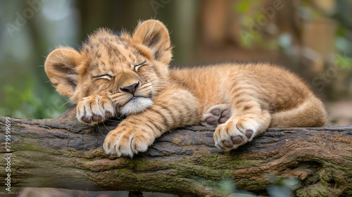 A tender lion cub resting on a log on the ground