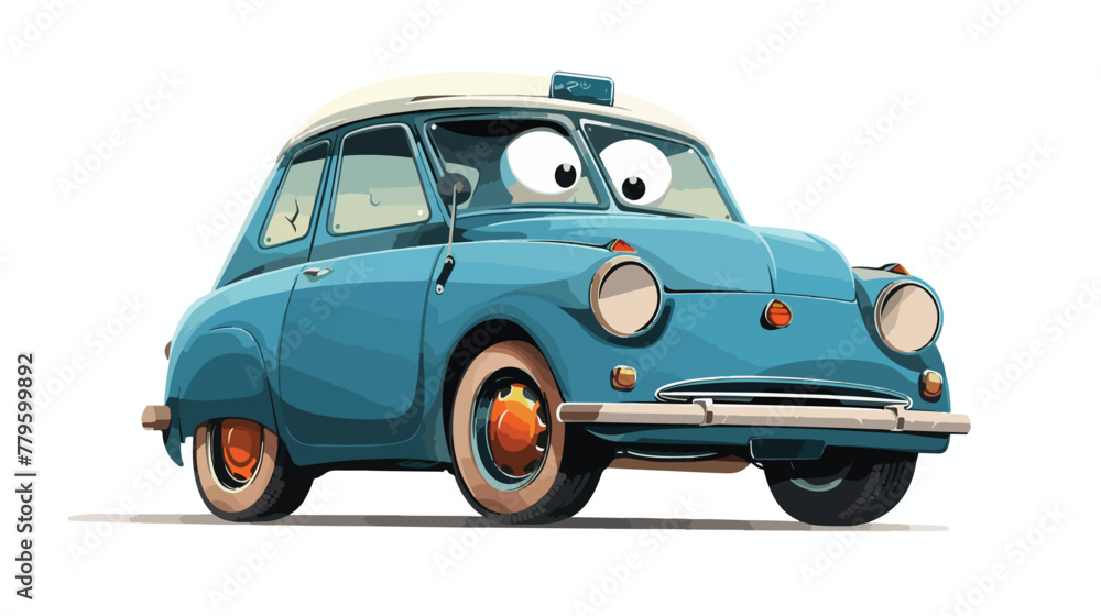 Funny small retro vintage car with eyes. Flat vector