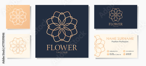 Bronze line flower logotype. Set with business cards templates in indigo, beige and bronze colors. Best for logo creation and branding design.
