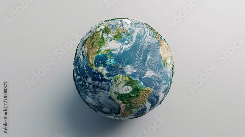 3D top view of Earth, its natural patterns vivid in high-res, standing out against a stark white background