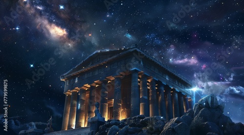 Majestic temple under a cosmic starry night. An enchanting visual of a Greek temple under the stars, with the vastness of the universe bringing a sense of wonder and exploration