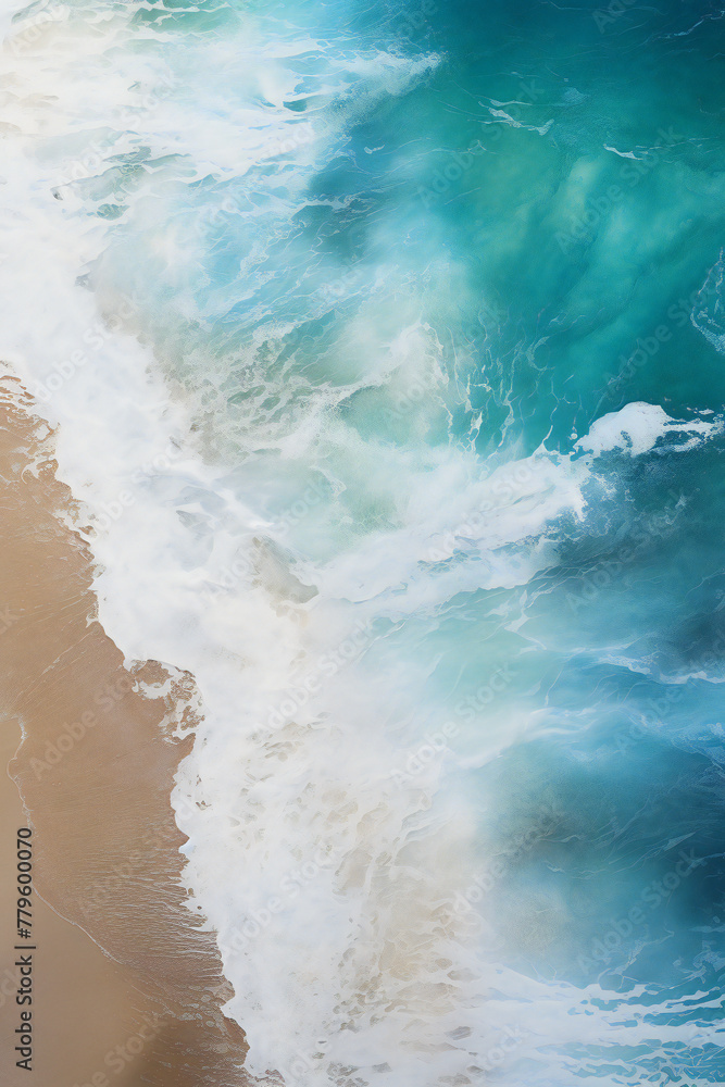 Aerial View of Turquoise Waves Crashing on a Golden Sandy Beach