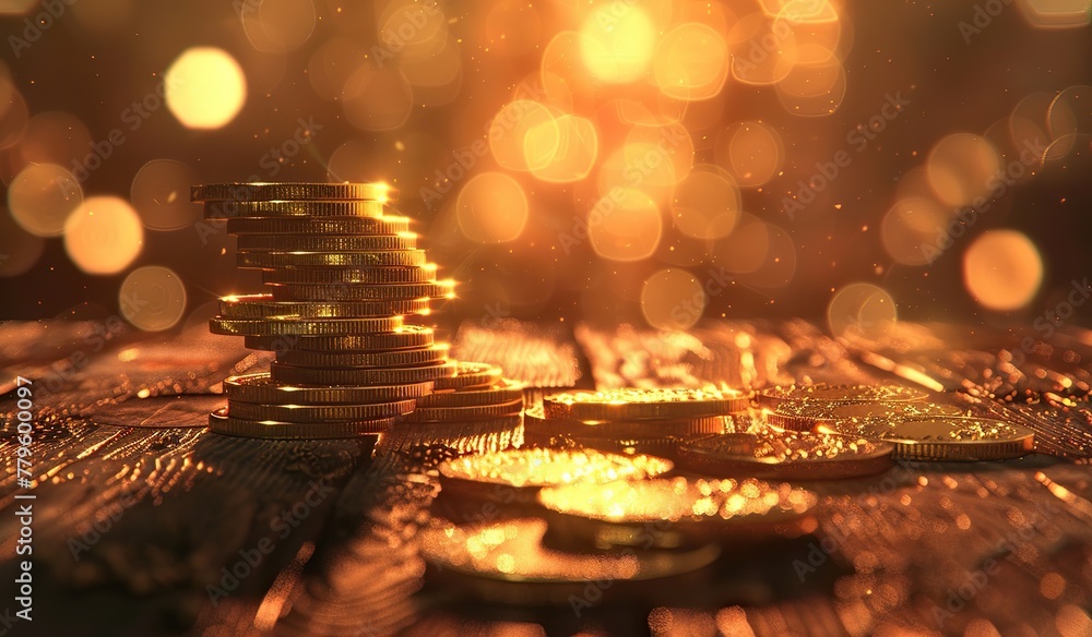 Glowing golden coins on a wooden surface with sparkling bokeh background