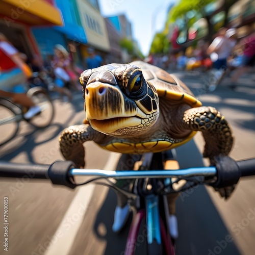 Turtle riding a bicycle in a crowded city.	