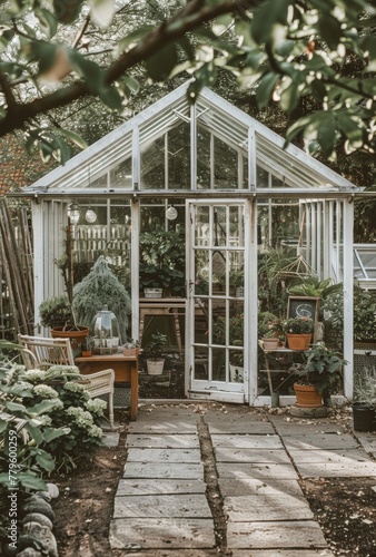 Inviting garden greenhouse amidst nature. An inviting and quaint garden greenhouse surrounded by an array of potted plants and foliaged walkways © Vuk
