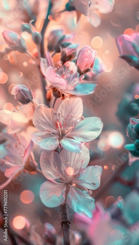 Dream-like flowers with sparkling bokeh. Artistic close-up of ethereal flowers with glowing bokeh lights creating a fantasy-like dreamy atmosphere