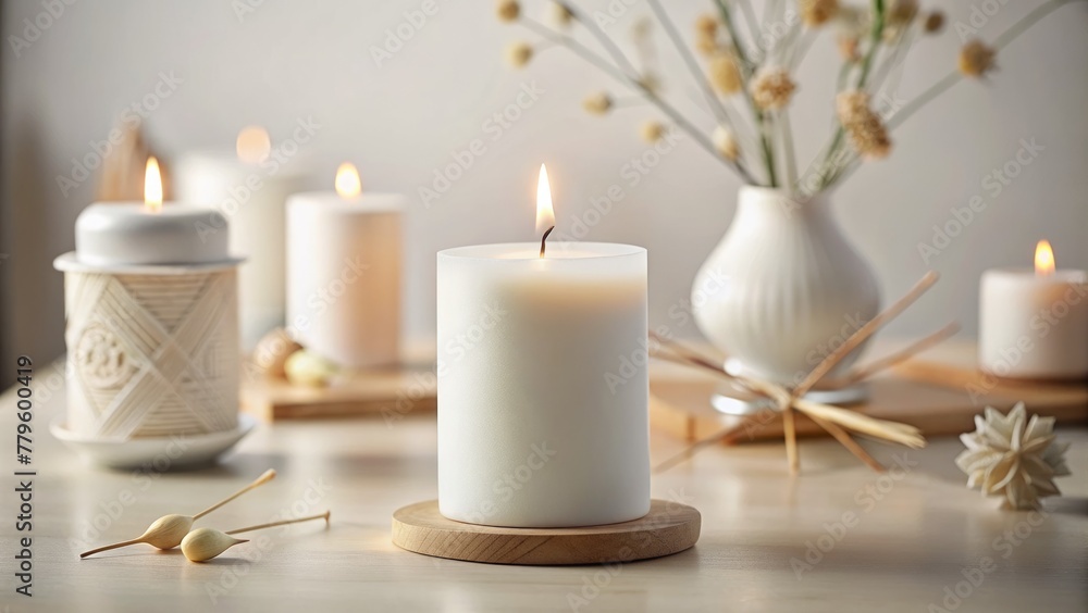 Composition of white burning candles in Scandinavian style, delicate pastel shades. Composition of white burning candles in Scandinavian style, delicate pastel shades.