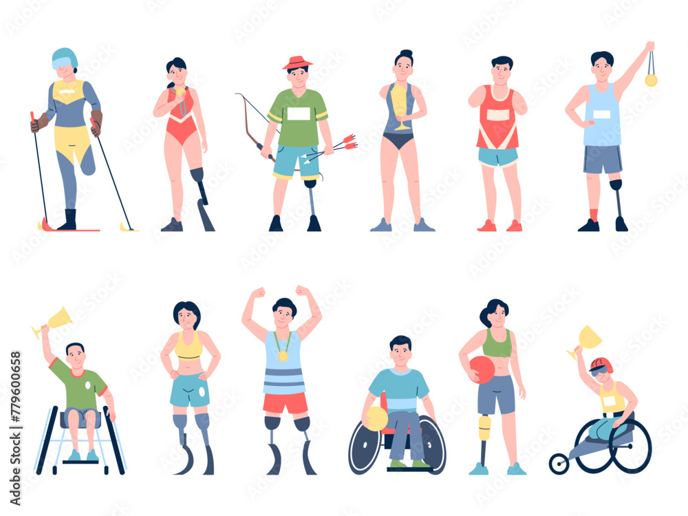 Disabled athletes. Winners of championship and paralympic games. Athlete hold gold trophy or medal. Sportsman in wheelchair, recent vector characters