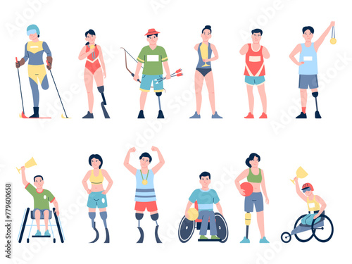 Disabled athletes. Winners of championship and paralympic games. Athlete hold gold trophy or medal. Sportsman in wheelchair, recent vector characters