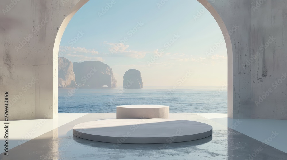 The scene consists of geometrical forms, an arch and a podium in natural daylight with minimal landscape background. A sea view is visible in the distance. A summer scene is in the background with 3D