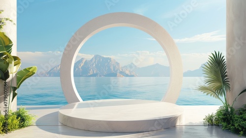 Scene with geometrical forms, arch with a podium in natural daylight. Sea view. Summer scene. 3D render background. photo