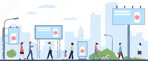 Outdoor marketing billboards scene. Urban street with different advertising placards. People look billboard, ad in city recent vector concept