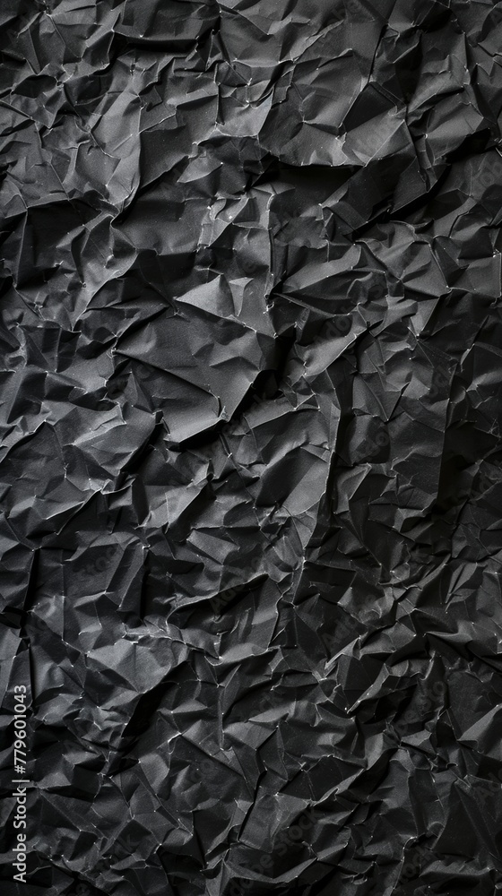 High-resolution image showcasing the complex patterns of a crumpled black paper High-resolution image showcasing the complex patterns of a crumpled black paper
