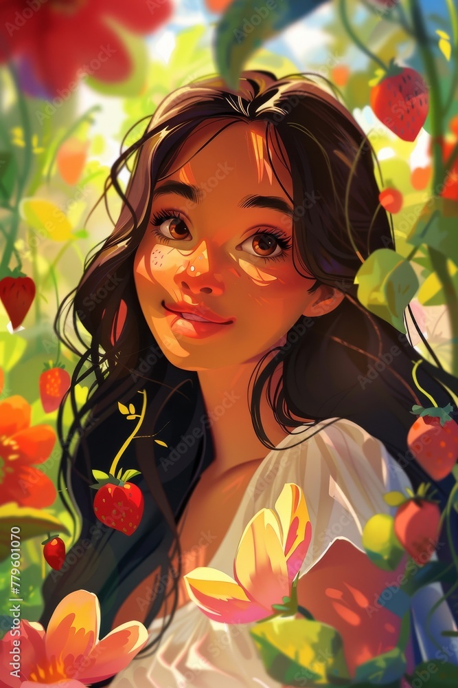 Animated girl in sunlit flower garden. Digital artwork featuring an animated girl with sun-kissed skin among brightly colored blooms and soft lighting
