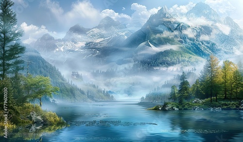 Serene mountain lake landscape with misty peaks and lush forests