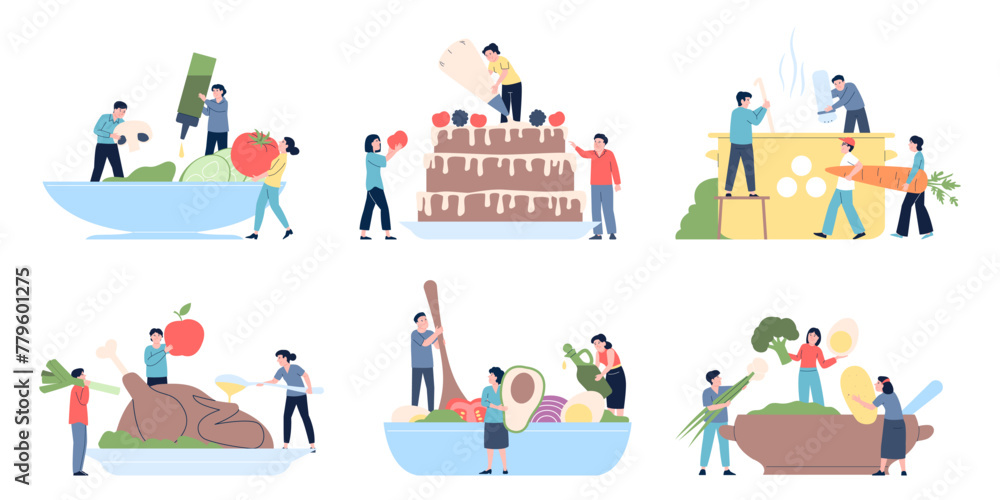Tiny people cooking different food. Dinner and lunch, bake turkey or chicken. Fresh vitamin salad and sweet dessert, recent vector flat scenes