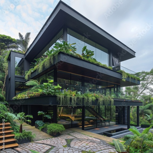 Modern tropical architecture with lush greenery. A striking modern architectural home with clean lines, abundant windows, and lush surrounding greenery, emblematic of tropical luxury