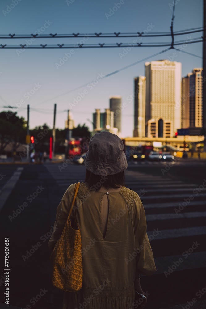 Vertical shot of a woman waiting to cross the street Vertical shot of a woman waiting to cross the street
