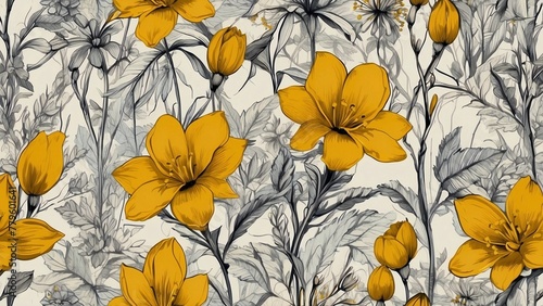 Wallpaper fabric styled drawing of yellow flowers