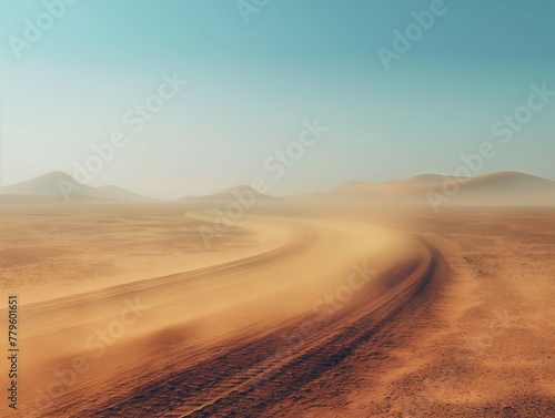 A desert road with a dusty road and a blue sky