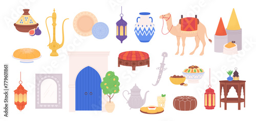 Moroccan elements. Arabian accessories, crockery, pots and lights. Decorative east lamps, ornamental plates, furniture and camel, racy vector set