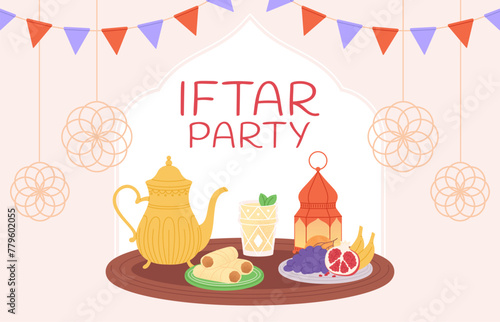 Iftar party dinner. Month of prayer  celebration holy festive. Arabic food and drink in different beautiful traditional crockery and jug. Racy vector background
