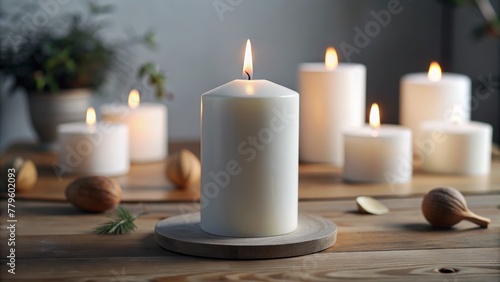 Composition of white burning candles in Scandinavian style  delicate pastel shades.