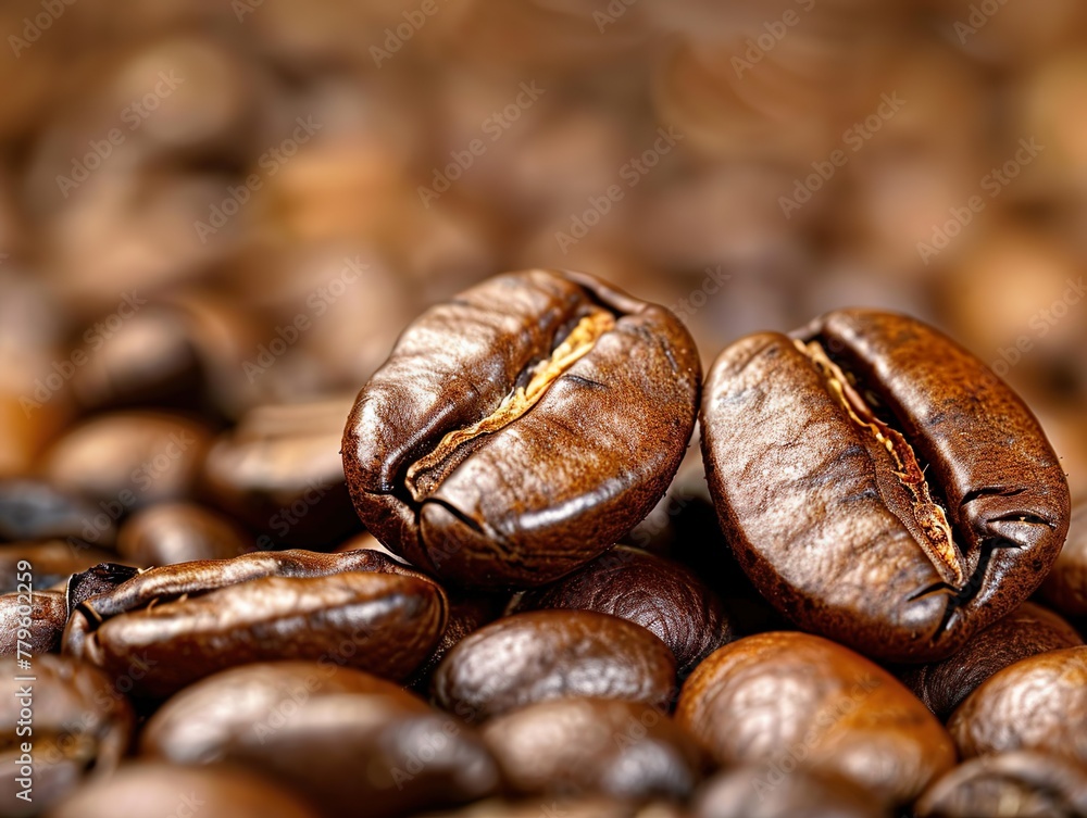 Macro image of a coffee bean in roasted coffee grounds. Banner, packaging, background Macro image of a coffee bean in roasted coffee grounds. Banner, packaging, background