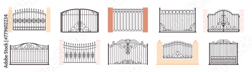 Metal fences and gates. Isolated vintage fence elements with bricks stands. Outdoor architectural elements, decorative ornamental racy vector design