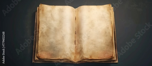 A detailed view of a brown rectangular book on a dark wood background. The tints and shades of the paper product show the intricate art of the font used in this publication