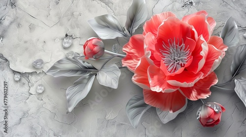 3d wallpaper, red peony flower with silver leaves on grey background © EnelEva