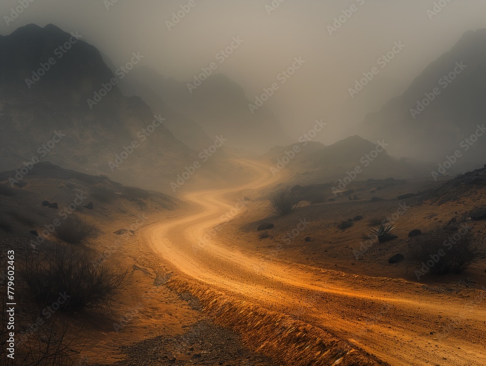 A road winds through a desert with a foggy sky above