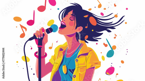 Girl singing microphone singer karaoke concept Flat vector