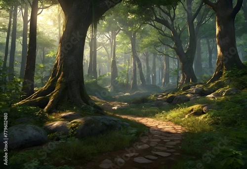 Natural Forest Park. Fiction Backdrop. Concept Art. Realistic Illustration. Video Game Digital CG Artwork. Nature Scenery © Rafli
