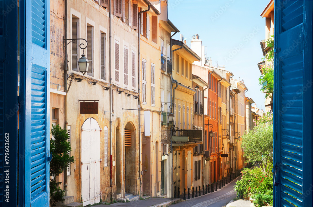 old town street of Aix en Provence at summer day, France, retro toned