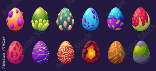 Cartoon dragon eggs. Fantasy egg with fire, mythology character reptile eggshell. Magical game elements, decorative fiery nowaday vector set