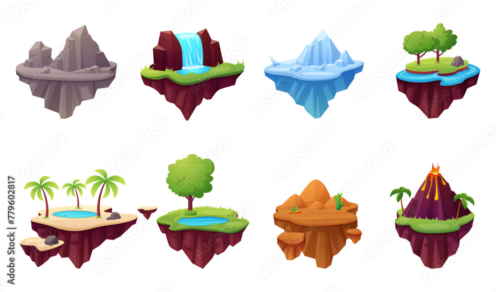 Fototapeta premium Floating islands. Cartoon game design objects with rocks, waterfall, desert, iceberg and volcano. Arcade games nature elements, nowaday vector set