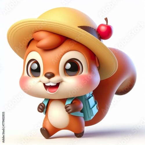 Cute character 3D image of A squirrel is wearing a hat and carrying a backpack on the way to school  funny  smile  happy white background