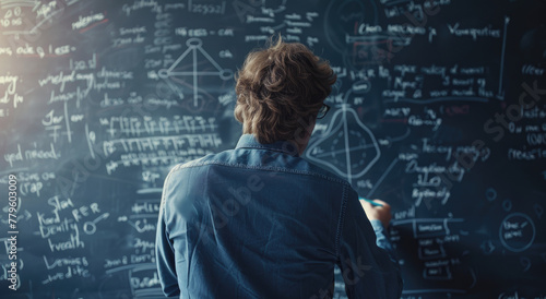A man in glasses is writing complex equations on the blackboard, trying to figure out an advanced math problem © Kien