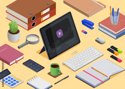 Isometric home workplace. Space for work or study with tablet, notebooks, planners and stationery. Education, freelance job pithy vector scene