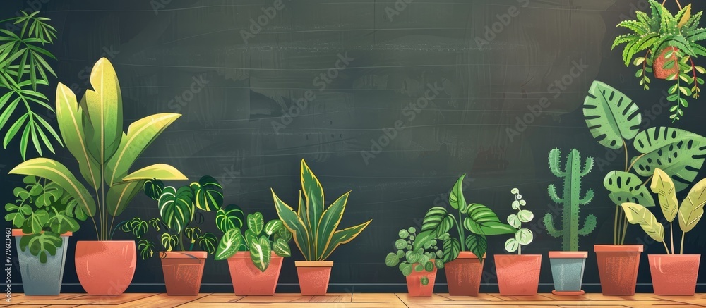 Fototapeta premium A row of houseplants in flowerpots is displayed on a wooden table in front of a blackboard, creating a charming landscape for the event
