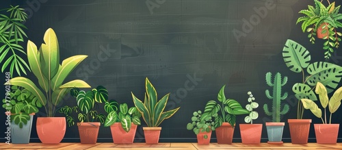 A row of houseplants in flowerpots is displayed on a wooden table in front of a blackboard, creating a charming landscape for the event photo